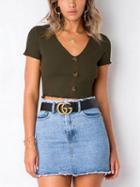 Choies Green V-neck Button Placket Ribbed Crop Top