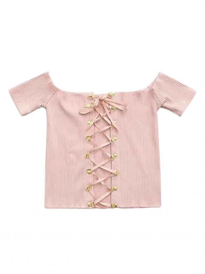 Choies Pink Off Shoulder Lace Up Front Ribbed Crop Top