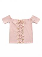 Choies Pink Off Shoulder Lace Up Front Ribbed Crop Top