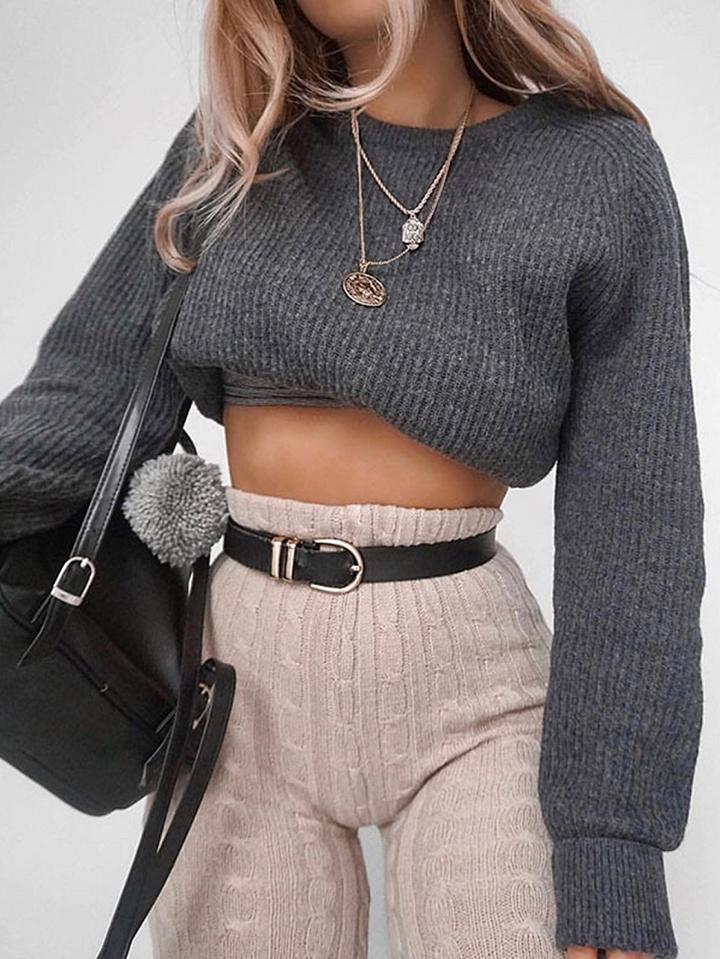 Choies Gray Long Sleeve Chic Women Knit Crop Sweater