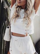 Choies White Eyelet Lace Up Front Cropped T-shirt
