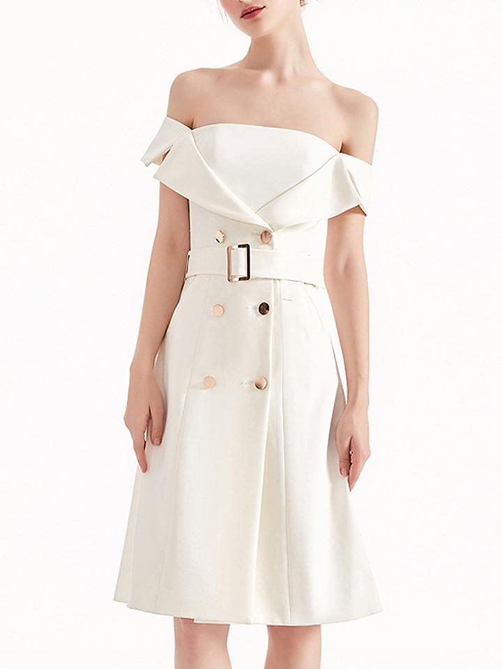 Choies White Notch Lapel Double Breasted Belted Midi Dress