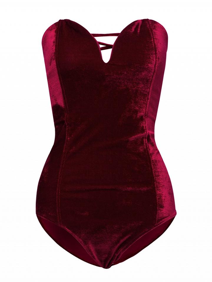 Choies Burgundy Bandeau Sweetheart Strap Back Cross Velvet Bosysuit