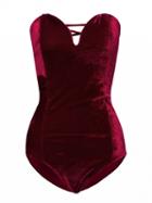 Choies Burgundy Bandeau Sweetheart Strap Back Cross Velvet Bosysuit