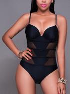 Choies Blue V-neck Spaghetti Strap Mesh Panel Swimsuit