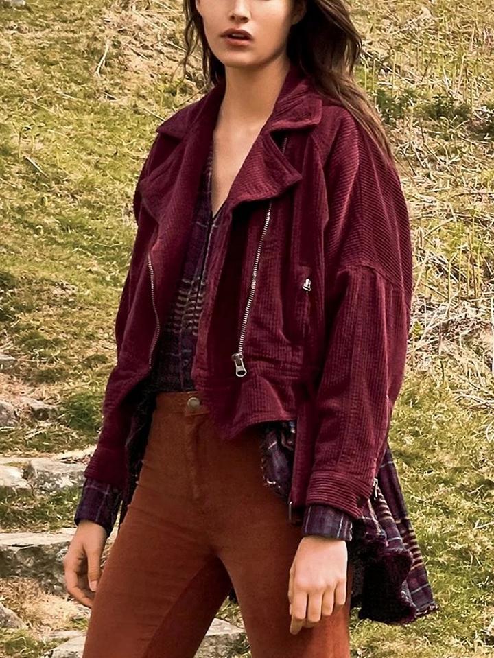 Choies Burgundy Lapel Zip Front Buckle Detail Corduroy Jacket