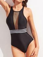 Choies Black Sheer Panel Stripe One-piece Swimsuit