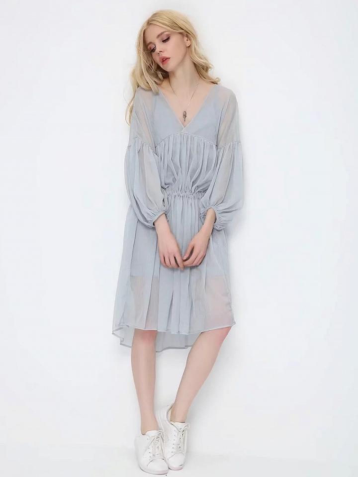 Choies Blue V-neck Ruched Blouson Sleeves Dipped Hem Dress With Cami Lining
