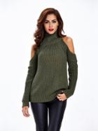 Choies Army Green High Neck Cold Shoulder Ribbed Knit Sweater