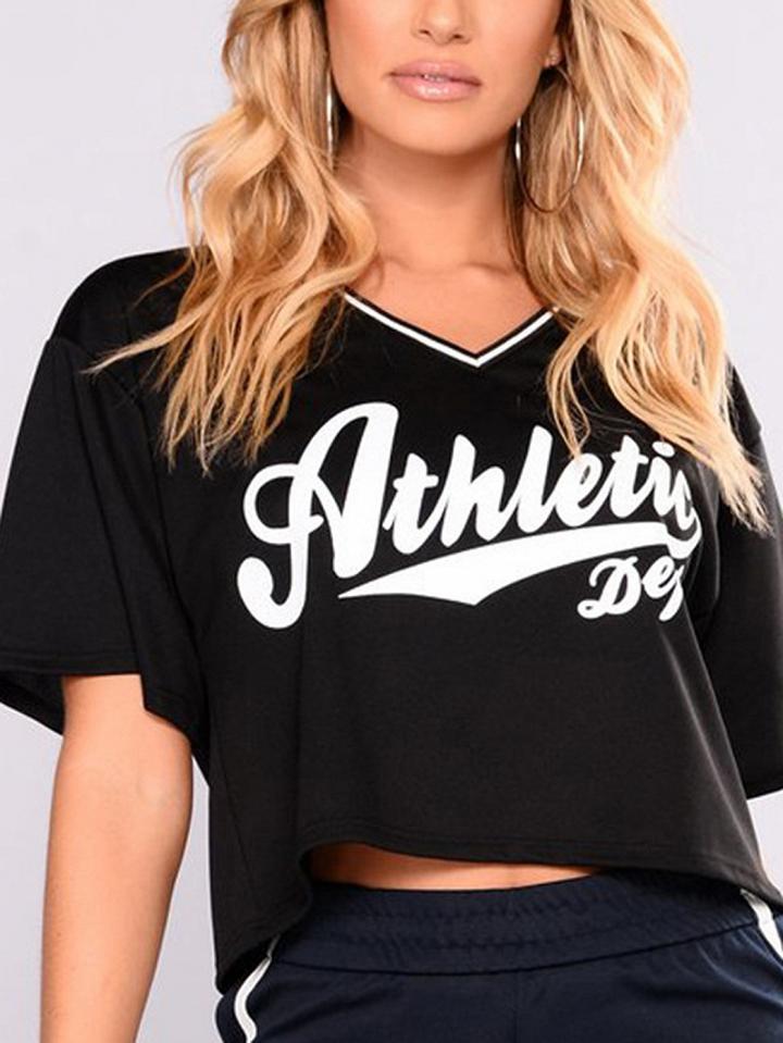 Choies Black V-neck Letter Print Dipped Crop T-shirt
