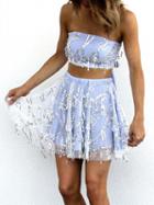 Choies Light Blue Sequin Mesh Tie Back Crop Bandeau Top Ad Skater Skirt