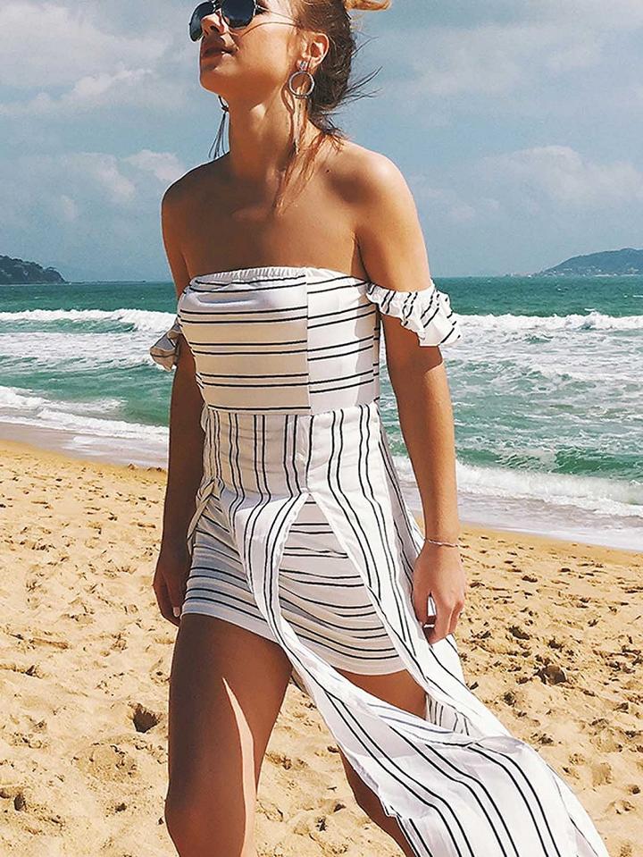 Choies Monochrome Stripe Off Shoulder Maxi Dress
