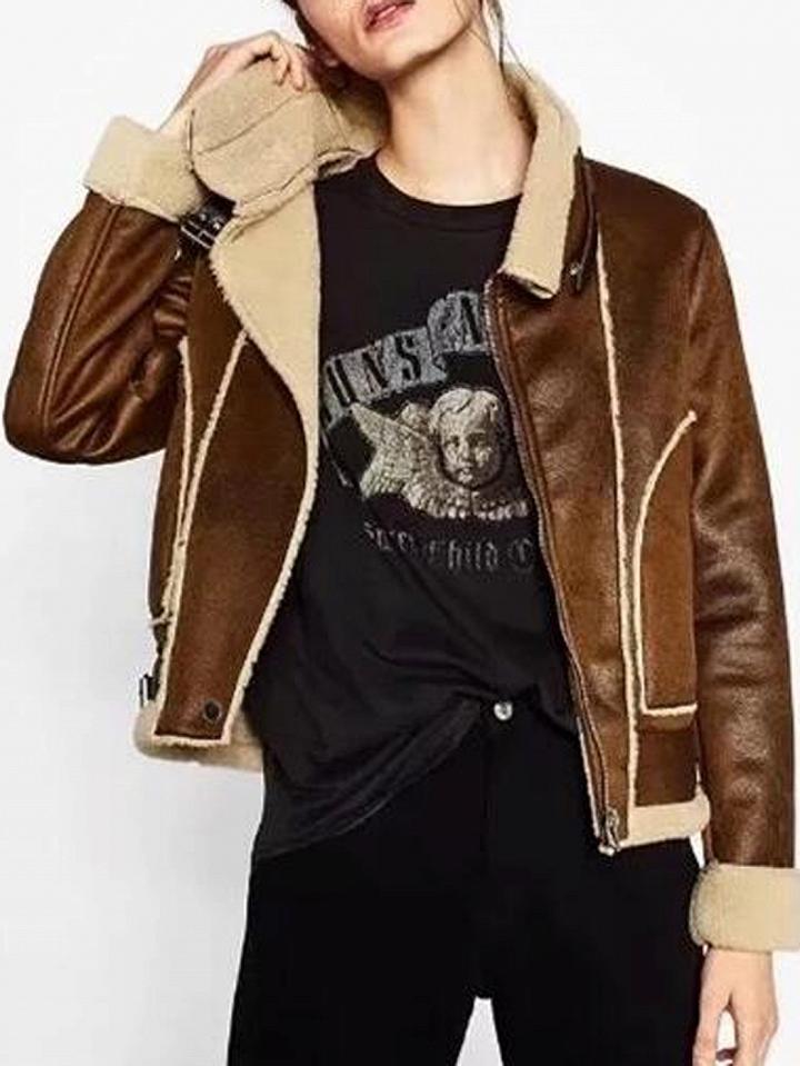 Choies Brown Faux Shearling Biker Jacket