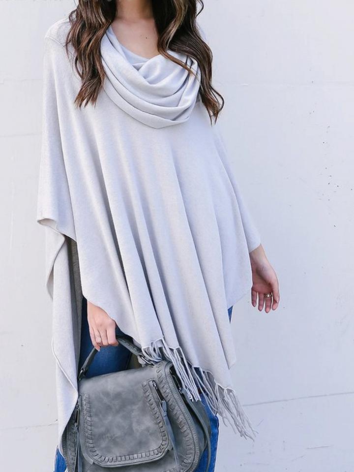 Choies Gray Tassel Hem Batwing Sleeve Blouse