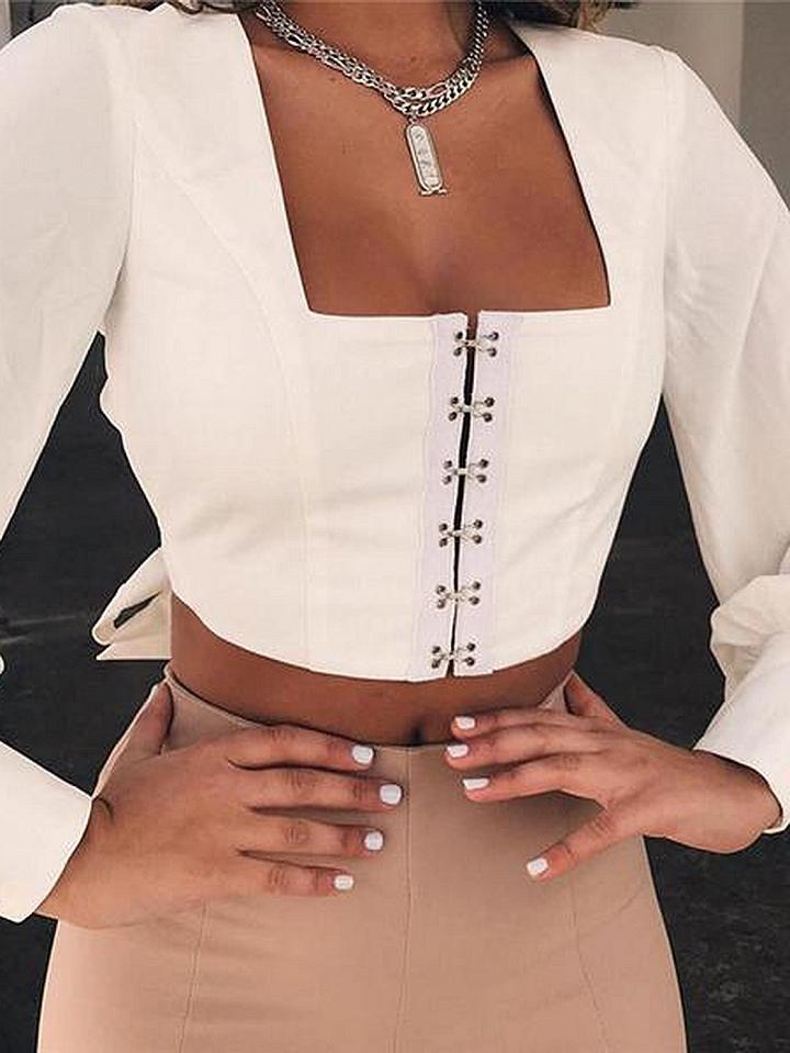 Choies White Eyelet Detail Open Back Long Sleeve Crop Blouse