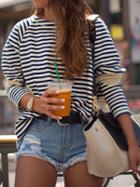 Choies Blue And White Stripe Mesh Panel Long Sleeve T-shirt