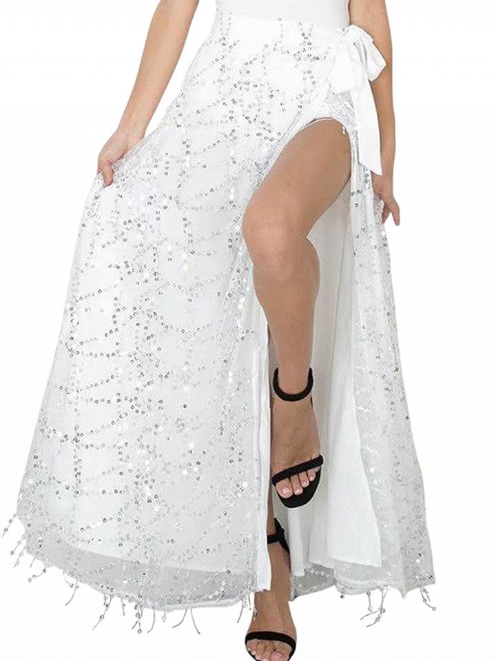 Choies White High Waist Sequins Side Split Mesh Overlay Maxi Skirt