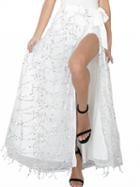 Choies White High Waist Sequins Side Split Mesh Overlay Maxi Skirt
