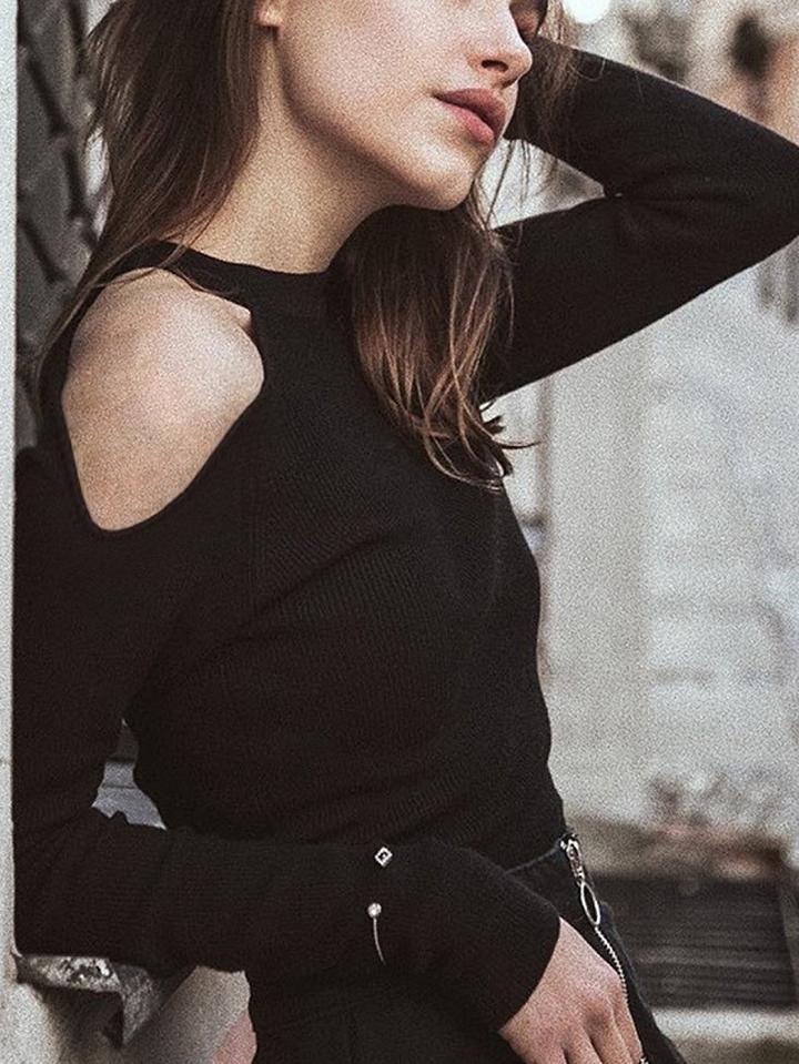 Choies Black Cold Shoulder Long Sleeve Ribbed T-shirt