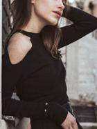 Choies Black Cold Shoulder Long Sleeve Ribbed T-shirt