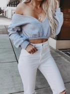 Choies Gray Cotton V-neck Long Sleeve Chic Women Crop Top