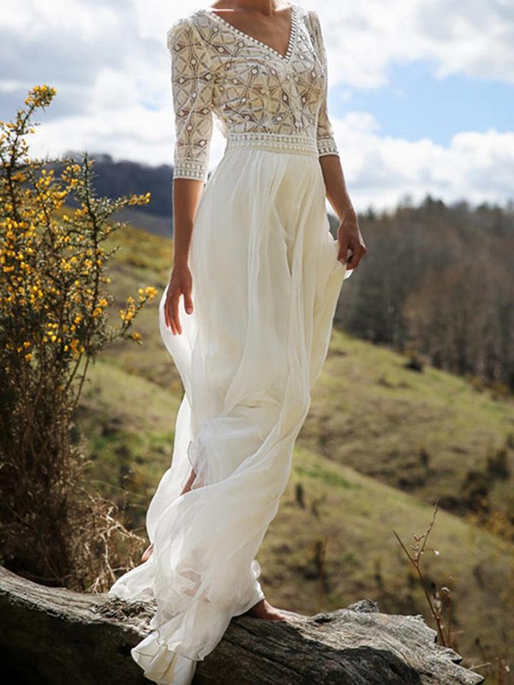 Choies White Chiffon V-neck Lace Panel Chic Women Maxi Dress