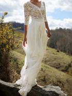 Choies White Chiffon V-neck Lace Panel Chic Women Maxi Dress