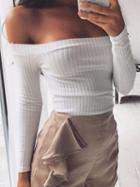 Choies White Off Shoulder Long Sleeve Ribbed Crop T-shirt