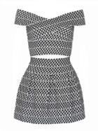Choies Monochrome Houndstooth Off Shoulder Crop Top And A-line Skirt