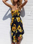 Choies Black Spaghetti Strap Button Placket Sunflower Print Midi Dress