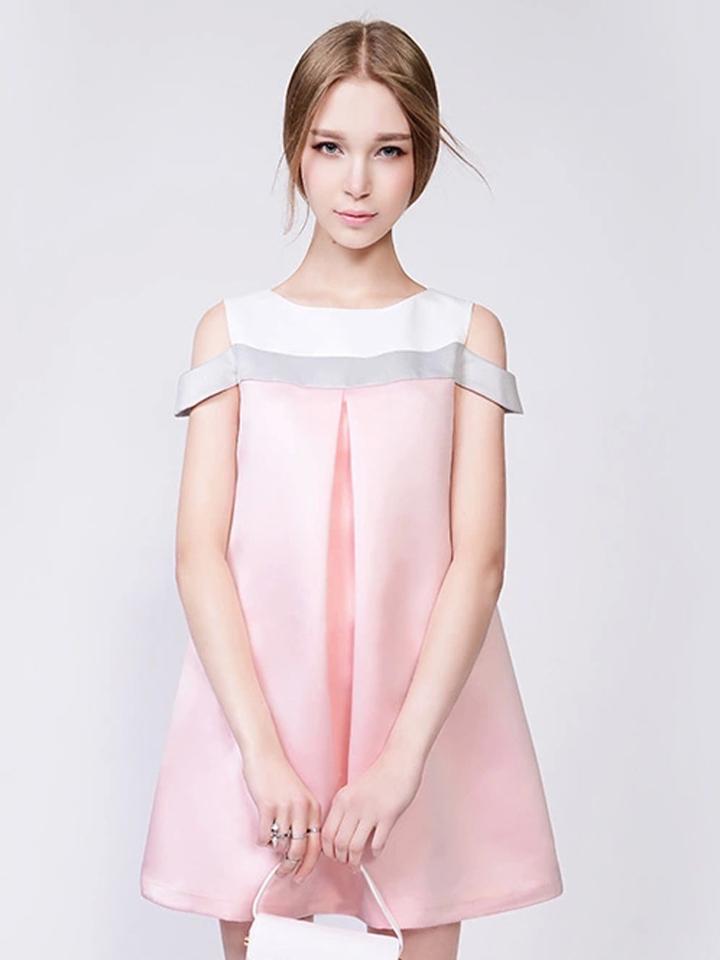 Choies Pink Contrast Cold Shoulder Swing Dress