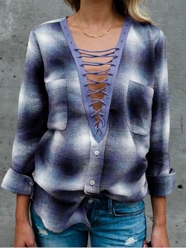 Choies Blue Plaid Plunge Eyelet Lace Up Front Long Sleeve Shirt