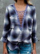 Choies Blue Plaid Plunge Eyelet Lace Up Front Long Sleeve Shirt