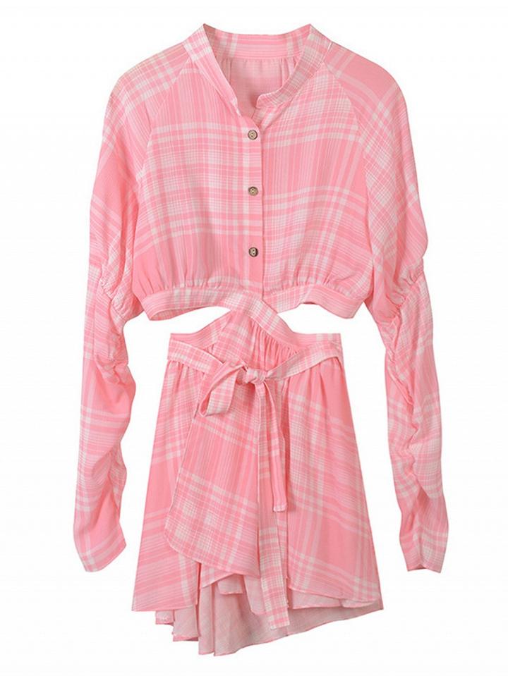Choies Pink Grid Chiffon Cut Out Long Sleeve Chic Women Mini Dress