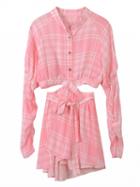 Choies Pink Grid Chiffon Cut Out Long Sleeve Chic Women Mini Dress