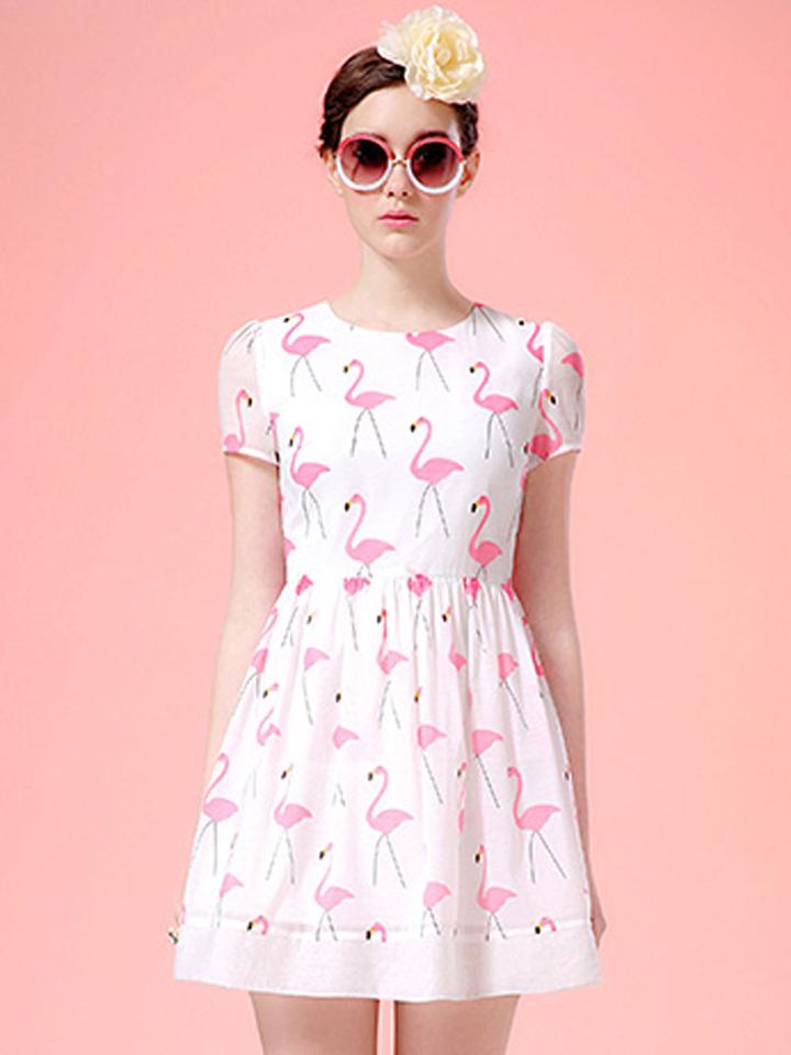 Choies White Swan Print Short Sleeve Skater Dress