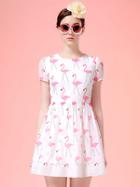 Choies White Swan Print Short Sleeve Skater Dress