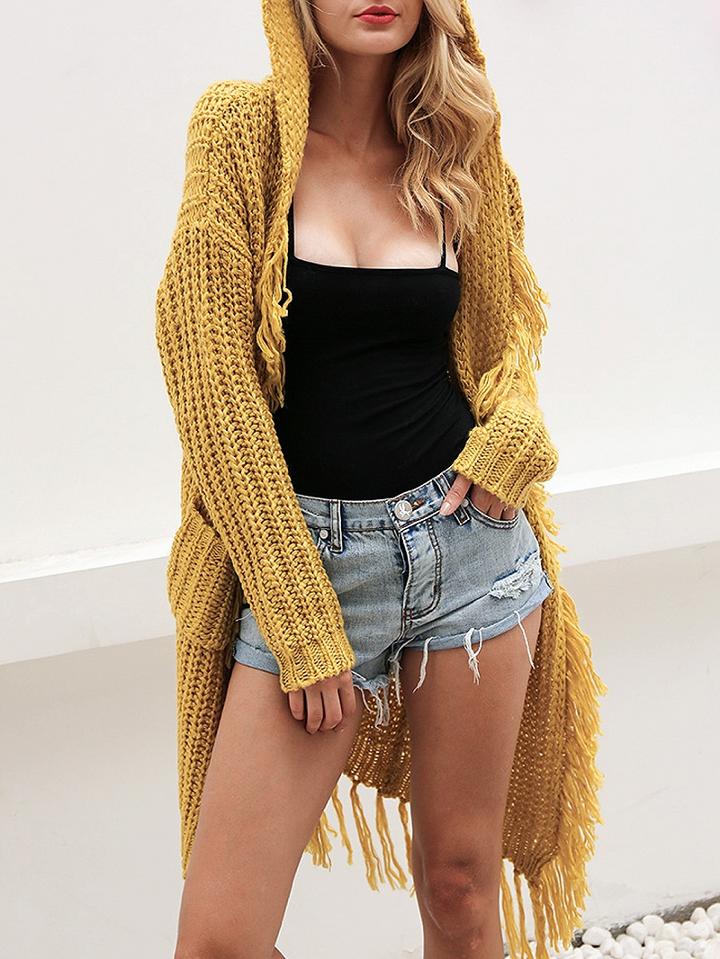 Choies Yellow Hooded Fringed Open Front Pocket Longline Cardigan