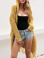 Choies Yellow Hooded Fringed Open Front Pocket Longline Cardigan