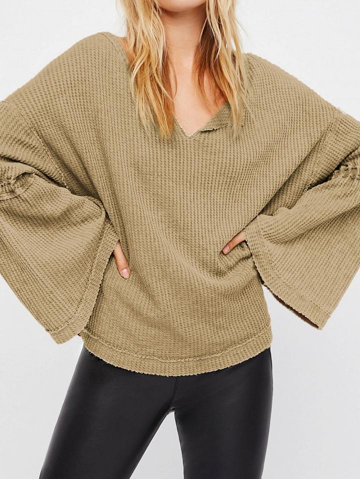 Choies Khaki Cotton Blend V-neck Flare Sleeve Chic Women Sweater