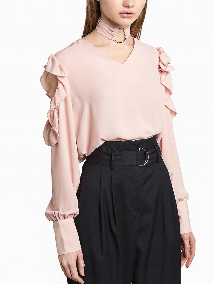 Choies Light Pink Ring Choker Tie Ruffle Cold Shoulder Long Sleeve Top