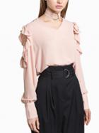 Choies Light Pink Ring Choker Tie Ruffle Cold Shoulder Long Sleeve Top