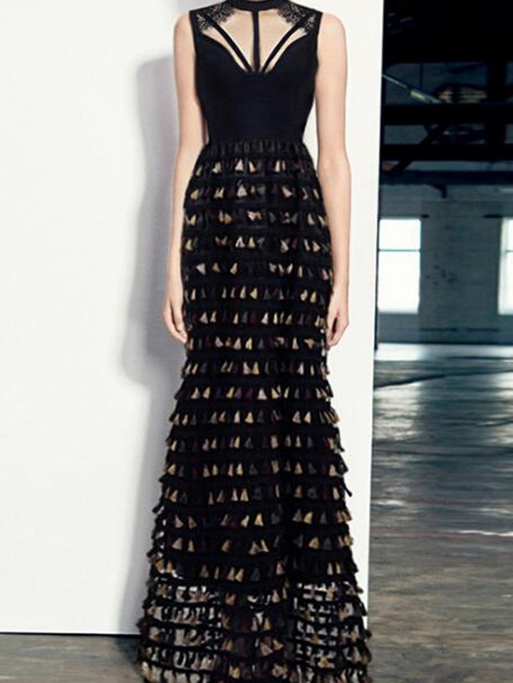 Choies Black Tassel Trim Lace Panel Sleeveless Chic Women Maxi Dress