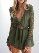 Choies Green Cotton Plunge Lace Panel Long Sleeve Chic Women Romper Playsuit