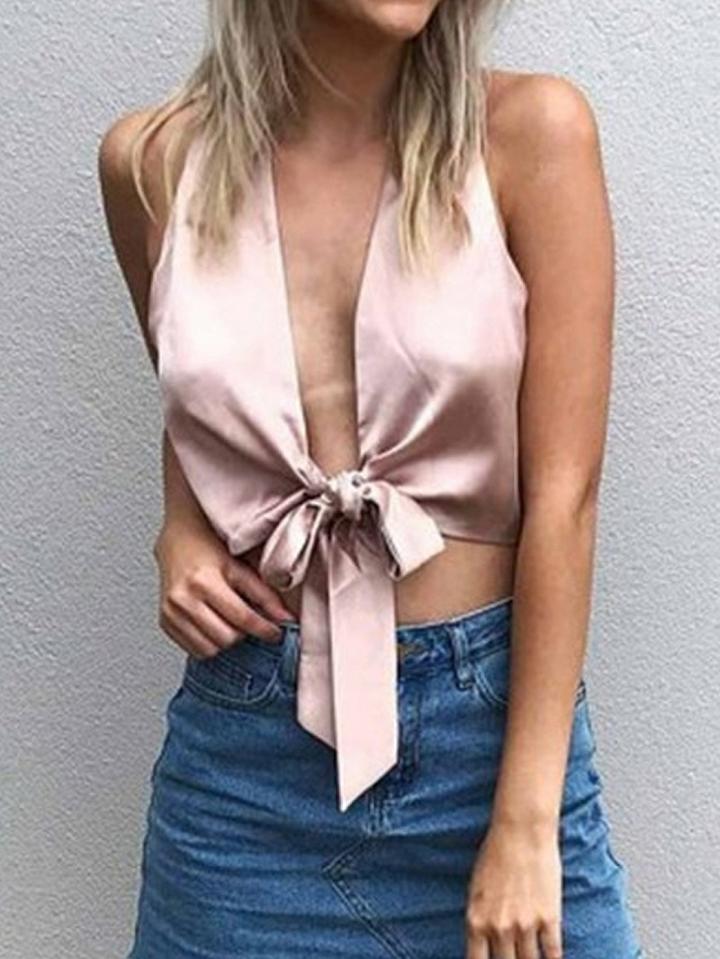Choies Pink Plunge Bow Tie Satin Crop Top