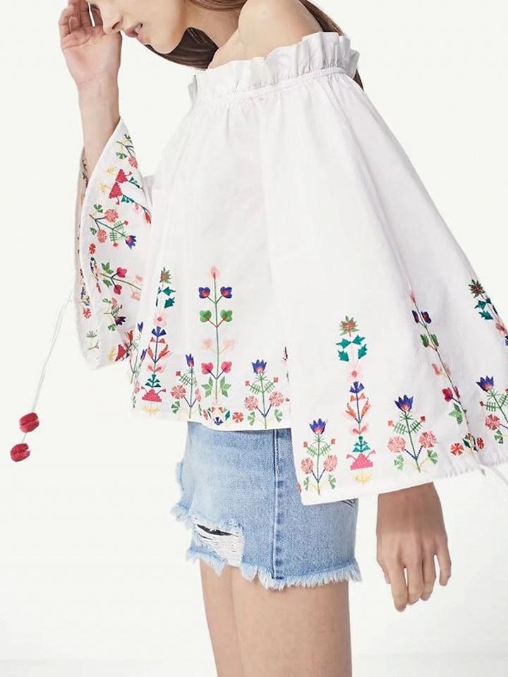 Choies White Off Shoulder Folk Embroidery Bell Sleeve Top