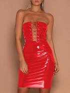 Choies Red Off Shoulder Lace Up Front Leather Look Bodycon Dress