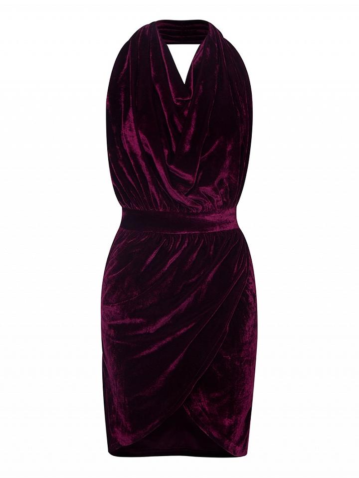Choies Burgundy Drape Halter Backless Wrap Front Velvet Bodycon Dress