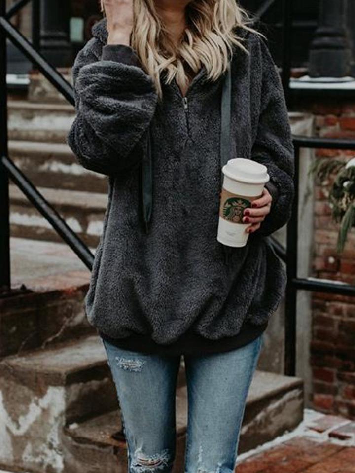 Choies Light Gray Warp-knitted Velvet Long Sleeve Chic Women Hoodie