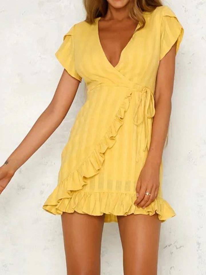 Choies Yellow Chiffon V-neck Tie Waist Ruffle Trim Chic Women Mini Dress